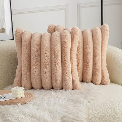 Neelvin Camel Faux Fur Cozy Soft Striped Decorative Throw Pillow Covers 24x24 inch Set of 2,Velvet Pillowcase Cushion Case for Sofa Couch