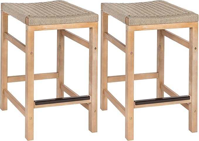 JONATHAN Y CSL1201A-SET2 Armand 25.6" Modern Coastal Backless Acacia Wood Outdoor Counter Stool with Woven Rope Seat, for Pool, Deck, Poolside, Light Teak/Ivory (Set of 2)