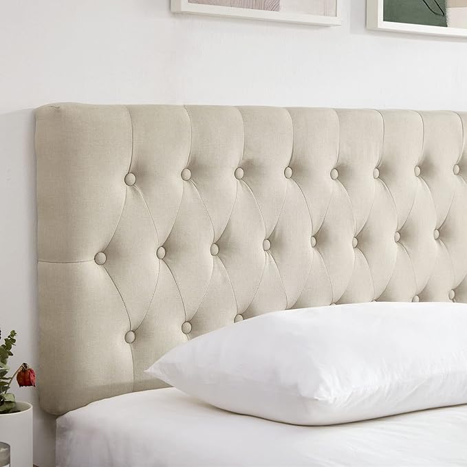 Kingfun Headboards for King Size Bed in Modern Button Design, Premium Linen Fabric Upholstered Tufted Bed Headboard, Adjustable Solid Wood Head Board, Beige