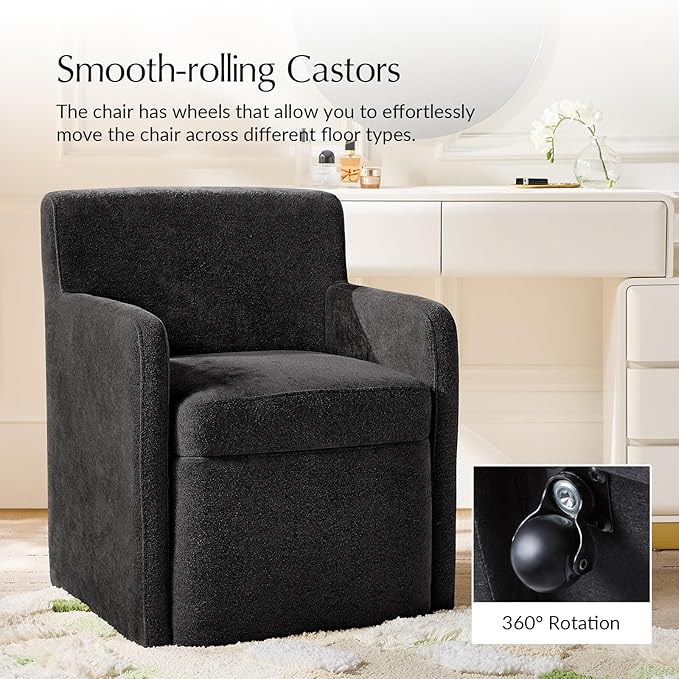 HULALA HOME Upholstered Dining Chair with Smooth-roling Castors, Modern Fabric Side Dining Room Chairs with Built-in Storage, Multi-Purpos Kitchen Chairs for Living Room, Black