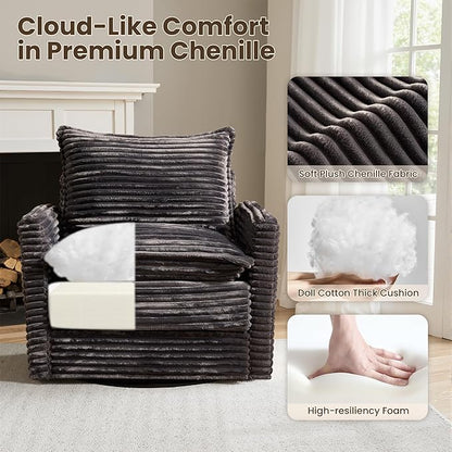 130" Modular Sofa with Swivel Chair & Ottoman, Modern Cloud Sectional Couch Plush Corduroy 5 Seater Deep Seat Sofas Set & Accent Armchair for Living Room, Gray