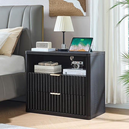 LEYAOYAO 31" Wide Fluted Night Stand Set of 2 with Charging Station, Oversized Extra Large 2 Drawers Nightstand,Black Wood Bedside Table,Tall End Tables,Modern Chest of Drawers Dressers for Bedroom