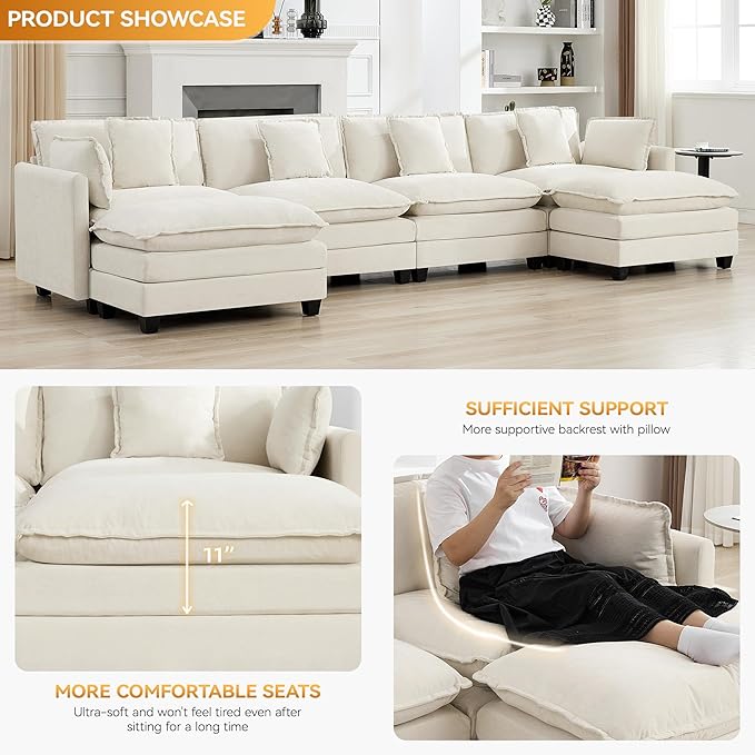 147'' Sectional Cloud Deep Seat Couch, Oversized Chenille U Shaped Sectional Sofa for Living Room Set, Comfy Upholstered Modular Sectional Sofa Couch with 2 Movable Ottoman, Beige