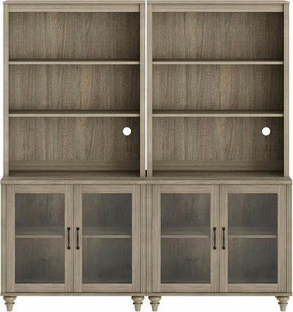 WAMPAT 5 Tier Wooden Bookcase 72" Tall Bookshelf with Glass Doors,Large Farmhouse Display Book Shelf with Adjustable Shelves and Storage Cabinet for Living Room, Study Room, Bedroom, Wash Grey