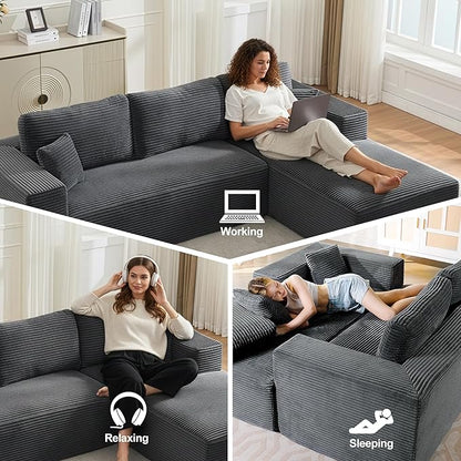 Modular Sectional Cloud Couch for Living Room,Modern Boneless Couche Set with Plush Corduroy,Comfy Floor Sofa with Memory Foam,Stupendous U Shaped Sofa with Ottoman,No Assembly Required,Grey