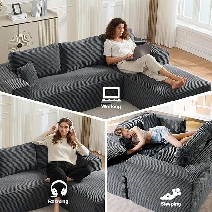 Modular Sectional Cloud Couch for Living Room,Modern Boneless Couche Set with Plush Corduroy,Comfy Floor Sofa with Memory Foam,Stupendous U Shaped Sofa with Chaise,No Assembly Required,Grey