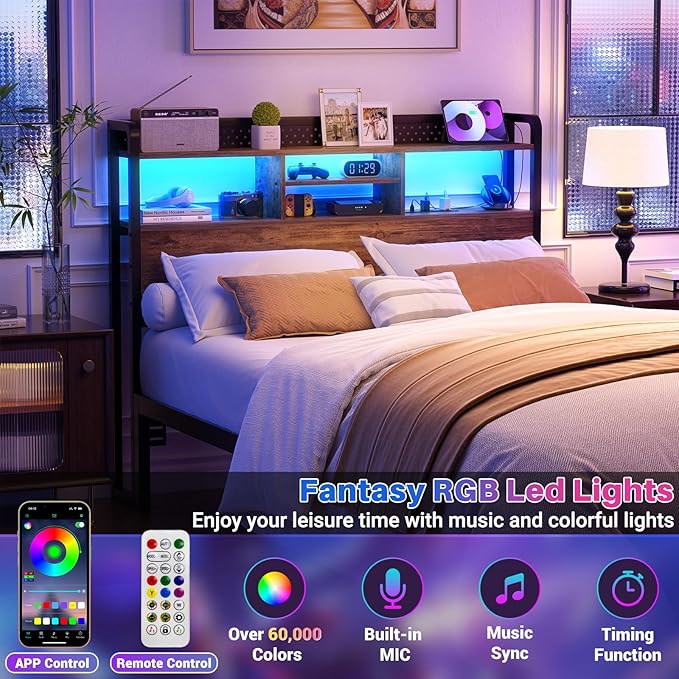 Unikito Headboard for Full Size Bed with Storage Shelf, Head Board with 3 Outlets and 2 USB Ports, Headboards with RGB LED Light, Height Adjustable, Sturdy and Stable, Easy Assembly, Rustic Brown