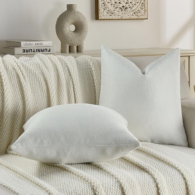 FUTEI Cream White Chenille Throw Pillow Covers 24x24 Inch Set of 2,Soft Wide Chevron Textured European Pillow Shams,Farmhouse Home Decor for Couch Bed Living Room