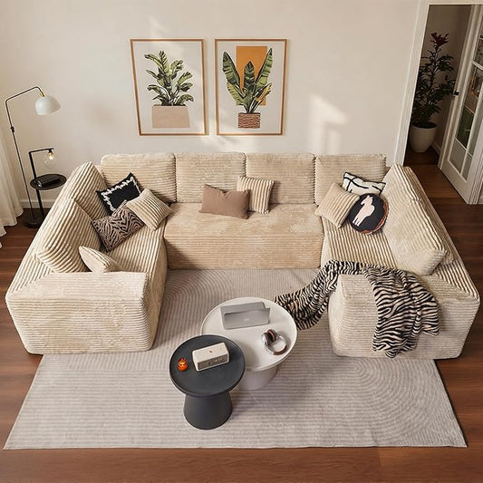 Cloud Sectional Couch with Loveseat, Boneless U-Shaped Cloud Couch with Deep Seat, Soft Plush Modern Minimalist Sofa, Assembly Free Modular Floor Sofa for Office Living Room Apartment, Beige