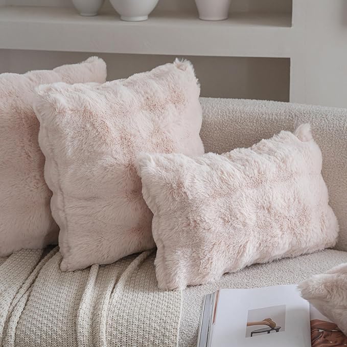 Neelvin Beige Faux Fur Cozy Soft Double-Sided Decorative Throw Pillow Covers 20x20 inch Set of 2,Velvet Pillowcase Cushion Case for Sofa Couch