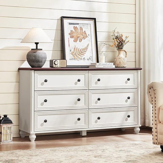 Farmhouse Dressers & Night Stand Set of 4, Wood 54" Wide 6 Drawer Dresser & 35" Tall Chest of Drawers, 18" Roman Column Nightstand Set of 2, Bedroom Furniture Dresser Sets for Home Living Room Hallway