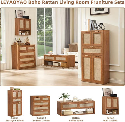 LEYAOYAO 48" Tall Storage Cabinet Set of 2,Rattan Bathroom Floor Cabinets with 4 Doors & 1Drawer,Boho Kitchen Pantry with Adjustable Shelves,Wooden Cupboard for Living Room,Home Office,Brown