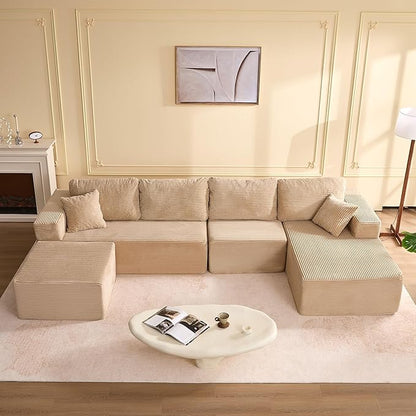 138" Boneless Couch with Deep Seat, Modular Sectional Sofa, Cloud Sectional Couch for Living Room, No Assembly Required, Corduroy, U-Shape 4 Seater Right, Camel