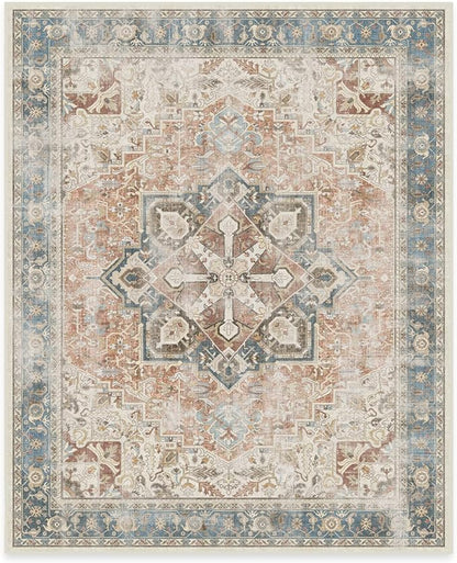 RUGGABLE Washable Vintage Area Rug – Kamran Coral 8x10, Stain-Resistant, Non-Slip – Large Machine Washable Rugs for Living Room, Bedroom, Hallway, Entryway & Office–with Standard Pad