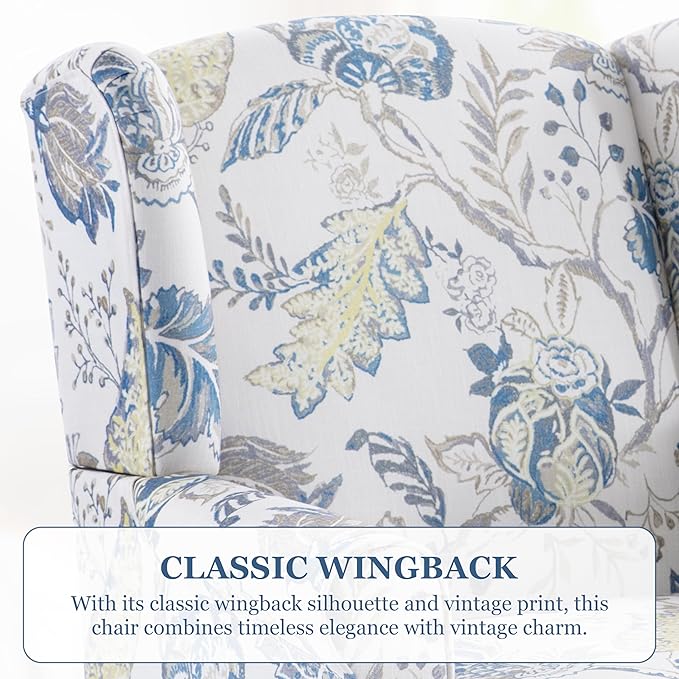 HUIMO Living Room Chair Upholstered High Back Armchair Retro Printed Wingback Chair in Linen for Bedroom & Study Comfy Accent Sofa Chair Reading Chair Holds 300lbs (Navy Blue) (2, Blue Floral-2PCS)
