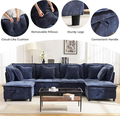 133'' Modular Sectional Sofa, Oversized U Shaped Couch with Storage Ottoman, Comfy Chenille Sofa with Deep Seat, 6 Seat Convertible Couches for Living Room, Blue