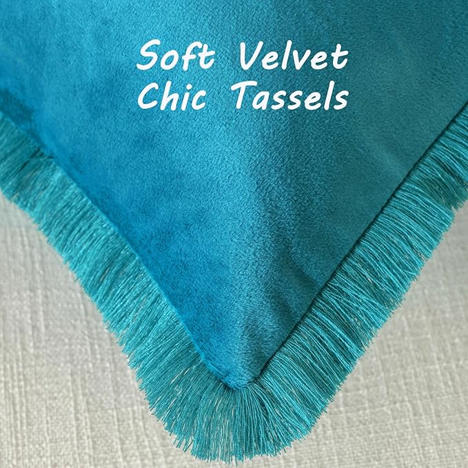FUTEI Teal Velvet Decorative Throw Pillow Covers 12x20 Set of 2,Soft Cozy Edge with Tassels Lumbar Pillow Cases,Boho Modern Home Decor for Couch Bed Living Room