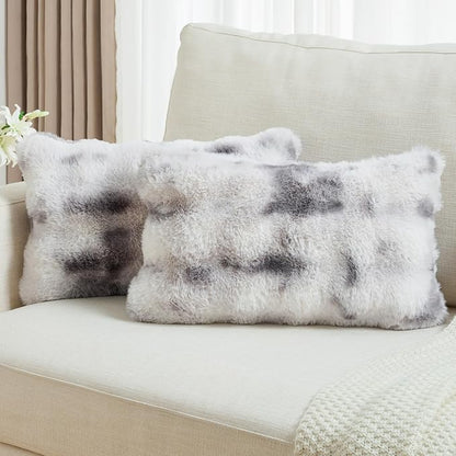 FUTEI Grey White Decorative Throw Pillow Covers 12x20 Inch Set of 2,Soft Fuzzy Faux Rabbit Fur Pillow Case with Raised Texture,Neutral Boho Home Decor for Couch Bed Living Room