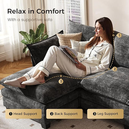 KKL Modular Sectional Sofa Bed, 4 Seater Convertible L-Shaped Sleeper Cloud Couch with Ottoman, Chenille Sectional Couches for Living Room, Apartment Grey