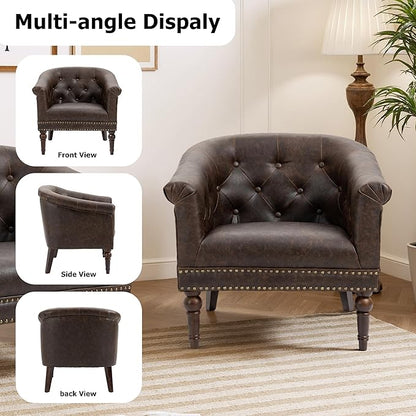 Lumibee Faux Leather Barrel Chairs, Upholstered Accent Chairs Set of 2 for Living Room, Modern Comfy Club Armchairs for Office, Bedroom, Waiting Room-Chocolate