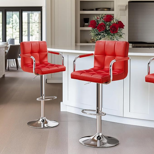 Yaheetech Bar Stools Set of 2, PU Leather Adjustable Swivel Barstools, Hydraulic Kitchen Counter Height Bar Chairs with Armrest and Back for Bar, Kitchen, Dining Room, Red