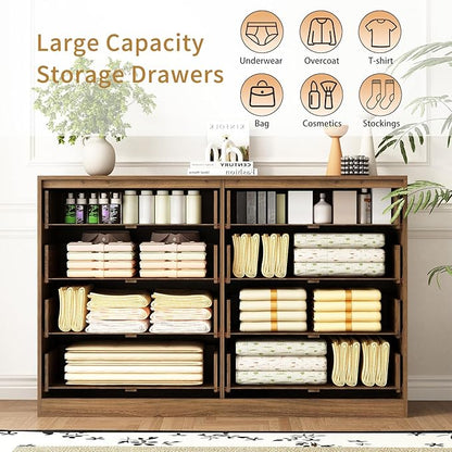 3-Piece Modern Bedroom Furniture Set, Wide 8-Drawer Dresser & 2-Drawer Nightstands Set of 2, Natural Wood Dresser and Nightstand Sets for Bedroom, Hallway, Walnut