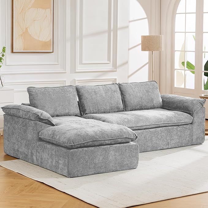 Modular Sectional Sofa, 107.5" L-Shaped Boneless Couch with Deep Seat, Modern Minimalist Upholstered Cloud Sectional Couch for Living Room Bedroom, No Assembly Required, Light Gray Chenille