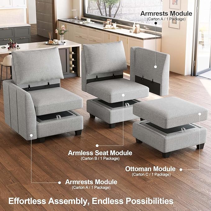 Belffin Oversized Modular Sectional Sofa Sleeper Sectional Couch with Storage Chenille Sofa Bed for Living Room, 12 Seats, Light Grey