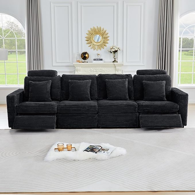 ORRD Power Reclining Sectional Sofa, Electric 4 Seat Recliner with 2 Electric Footrest and Adjustable Headrest, Modern Plush Corduroy Fluffy Modular Sectional with Deep Seat for Living Room-Black