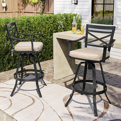 Pellebant 30" Sunbrella Outdoor Bar Stools Set of 2, Aluminum Swivel Patio Bar Height Bar Stools with Back & Footrest, Tall Patio Stool Chairs for Deck Lawn Garden,Beige