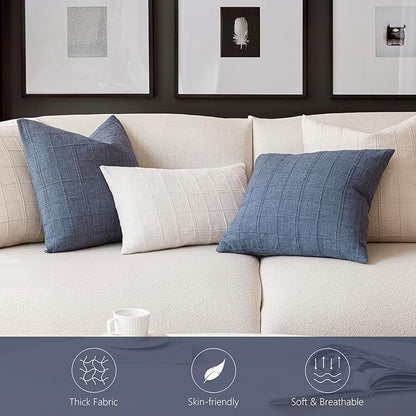 Foindtower Set of 2 Decorative Linen Check Throw Pillow Covers Neutral Farmhouse Vintage Cushion Covers Modern Coastal Boho Home Decor for Sofa Chair Couch Bedroom Living Room,20×20 Inch,Blue