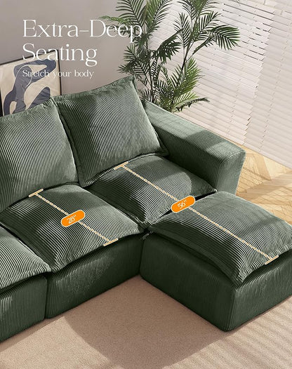 107" Comfy Cloud Couch with L-Shape Chaise & Deep Seat, Modular Sectional Sofa in a Box, Boneless Upholstered Couches for Living Room, No Assembly Required (Soft Corduroy, Green)