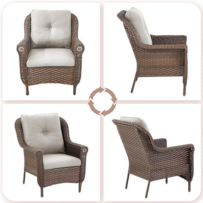 Patio Wicker Chairs Outdoor Furniture Chair - Set of 2 Outside All Weather Lawn Dining Brown Rattan Armchair with High Back&Deep Seating for Deck Porch Balcony Backyard Garden - Beige