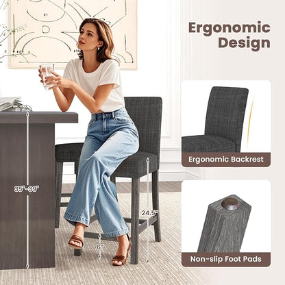 COSTWAY Counter Height Bar Stools Set of 4, 24.5’’ Upholstered Mid Century Modern Island Chairs with Rubber Wood Legs, Wooden Barstools for Kitchen, Dining Room, Bar, Restaurant (Grey)