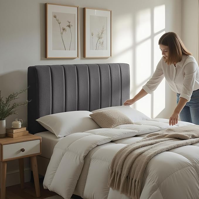 Upholstered Full Headboard - Easy Assemble Channel Stitched Headboard Full Size - Wall Mounted Headboards with 3D Soundproof Wall Panels Peel & Stick Floating Headboards, Grey