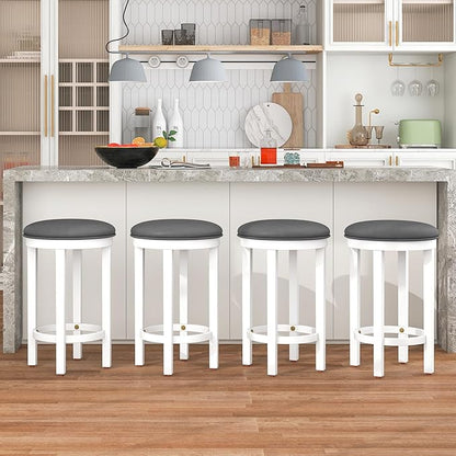 COSTWAY Upholstered Bar Stools Set of 4, 25” Counter Height Bar Chairs with Padded Cushion & Wooden Frame, Faux Leather Backless Stools for Kitchen, Dining Room, Pub, White + Grey