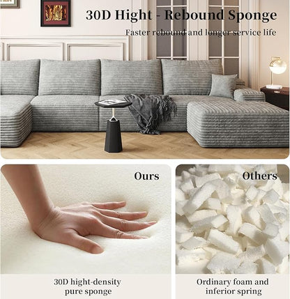 135.4" Large Cloud Modular Sectional Couch with Ottoman, Minimalist Upholstered Couches, Comfort U Shaped Sofa for Living Room,Deep Seat Corner Couch，No Assembly Required (Grey,Left Facing Chaise)