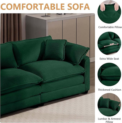 mikibama Luxury 3 Piece Sofa Set, Loveseat Couch & 2 Single Sofa Set, Modern Corduroy Comfy Cloud Couches Set for Living Room Office with 2 Armrest Pillows and 4 Toss Pillows, Green