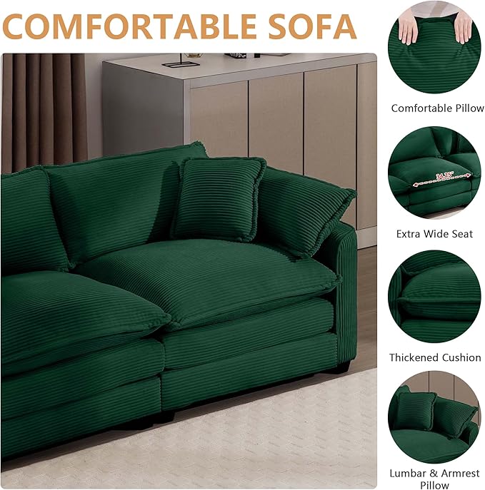 mikibama Luxury 3 Piece Sofa Set, 3-Seater & 2 Loveseat Couch Set, Modern Corduroy Comfy Cloud Couches Set for Living Room Office with 6 Armrest Pillows and 7 Toss Pillows, Green