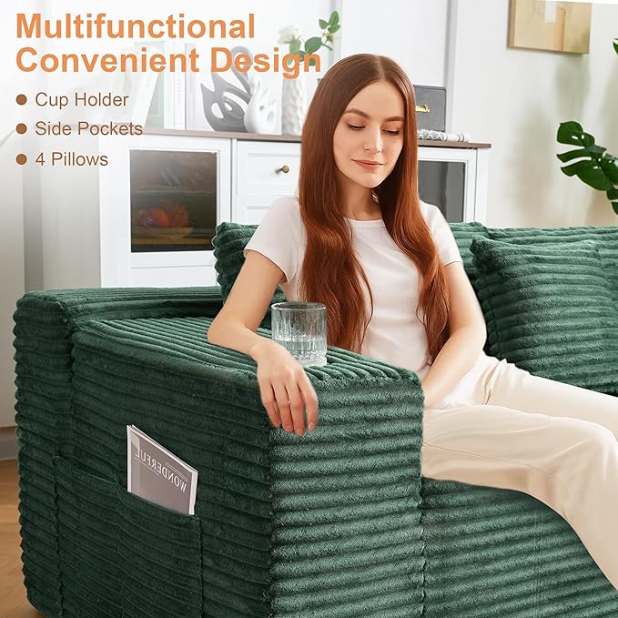 Modular Sectional Sofa, L Shaped Comfy Cloud Couch with Deep Seat, Boneless Couch for Living Room, Modern Sectional Sleeper with Chaise, No Assembly Required, Sofa in A Box, Green Corduroy