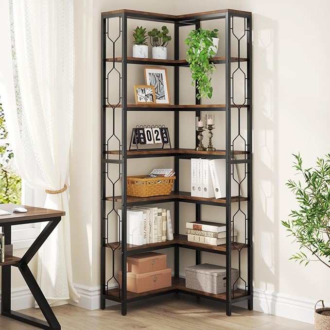 Tribesigns Corner Shelf, 7-Tier Industrial Corner Bookshelf, Wood and Metal Etagere Bookcase, Freestanding Display Shelf for Living Room, Kitchen, Home Office, Rustic Brown
