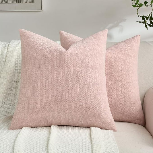 FUTEI Pink Chenille Throw Pillow Covers 16x16 Inch Set of 2,Soft Striped & Diamond Textured Cushion Cases,Modern Home Decor for Couch Living Room