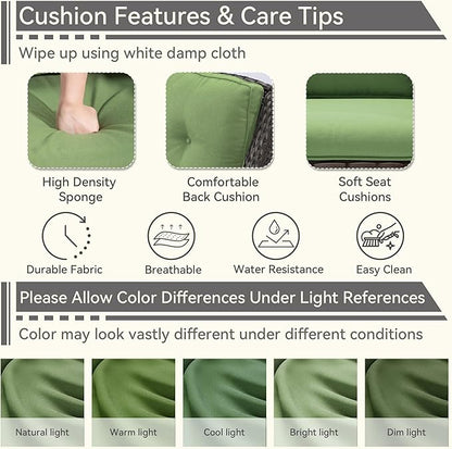 5 Pieces Patio Conversation Set, Wicker Chairs Set of 2 and Two Ottomans with 3.5-inch Seat Cushions, 1 Side Table High Back and Curved Armrest for Backyard, Balcony and Deck, Green