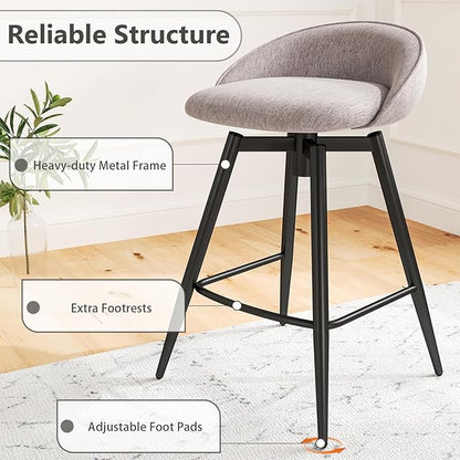 COSTWAY Bar Stools Set of 4, 25" Upholstered Counter Height 360° Swivel Bar Stools w/Backrest & Footrest, Heavy-Duty Metal Frame Armless Breakfast Chairs for Kitchen, Living Room (Set of 4,Grey)