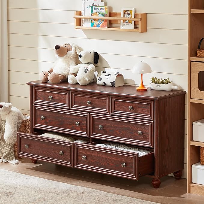 Farmhouse Dressers & Night Stand Set of 4, Wood 54" Wide 7 Drawer Dresser & 35" Tall Chest of Drawers, 18" Roman Column Nightstand Set of 2, Bedroom Furniture Dresser Sets for Home Living Room Hallway