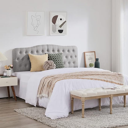 Upholstered Full Headboard, Button Diamond Tufted Headboards with Adjustable Height and Solid Wood Leg, Linen Fabric Padded Headboard for Full Size Bed, Mordern Head Board, Grey