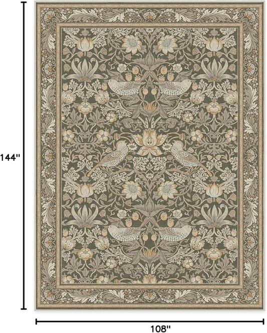 RUGGABLE x Morris & Co Machine Washable Area Rug – Strawberry Thief Stone Gold 9x12, Stain-Resistant, Non-Slip – Large Rugs for Living Room, Bedroom, Hallway, Entryway & Office–with Cushioned Pad