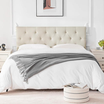Linen Upholstered Headboard Full Size, Modern Diamond Tufting Solid Wood Full XL Headboard Only, Adjustable Height from 37” to 51” Head Board, Bed Frame or Wall Mount Headboards, Beige