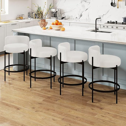 COSTWAY Counter Height Bar Stools Set of 4, 24.5 Inch Boucle Modern Barstools w/Curved Backrest, Metal Frame, Comfy Footrest, Upholstered Island Chairs for Dining Room, Kitchen, Cafe, 400 LBS Max Load
