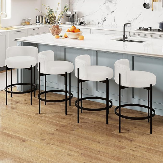 COSTWAY Counter Height Bar Stools Set of 4, 24.5 Inch Boucle Modern Barstools w/Curved Backrest, Metal Frame, Comfy Footrest, Upholstered Island Chairs for Dining Room, Kitchen, Cafe, 400 LBS Max Load